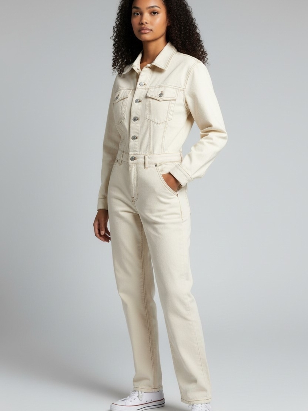 Cream Utility Denim Jumpsuit with Button Front